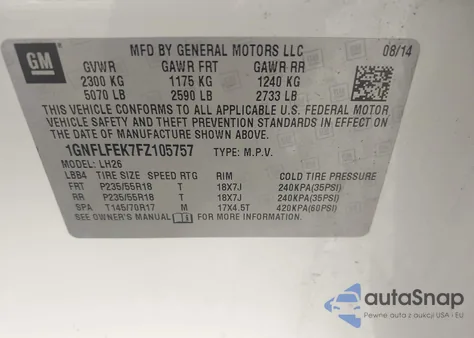 2015 Chevrolet Equinox 1Lt from USA, damaged, VIN 1GNFLFEK7FZ105757